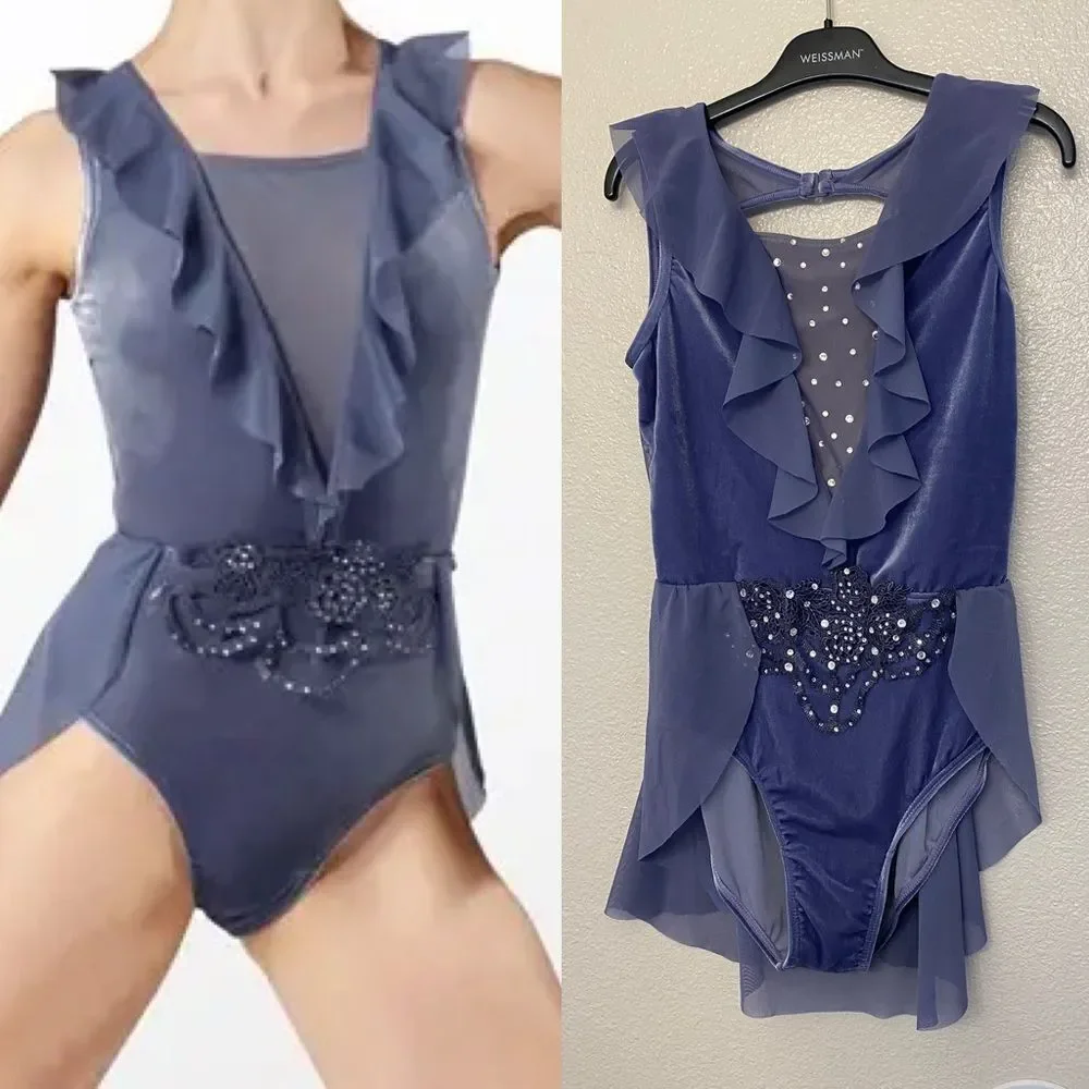 WEISSMAN solo Dance Costume Ruffle blue Velvet lyrical dress V12278 MA adult